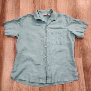 L.L.Bean Women’s 100% Linen Button Front Shirt Medium Teal Short Sleeve Collar